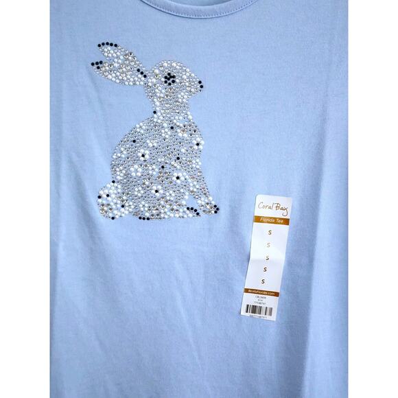 TOP/BLOUSE-CORAL BAY-Light Blue-Rabbit-Faux Pearls-Rhinestones-Size Small - Picture 6 of 16